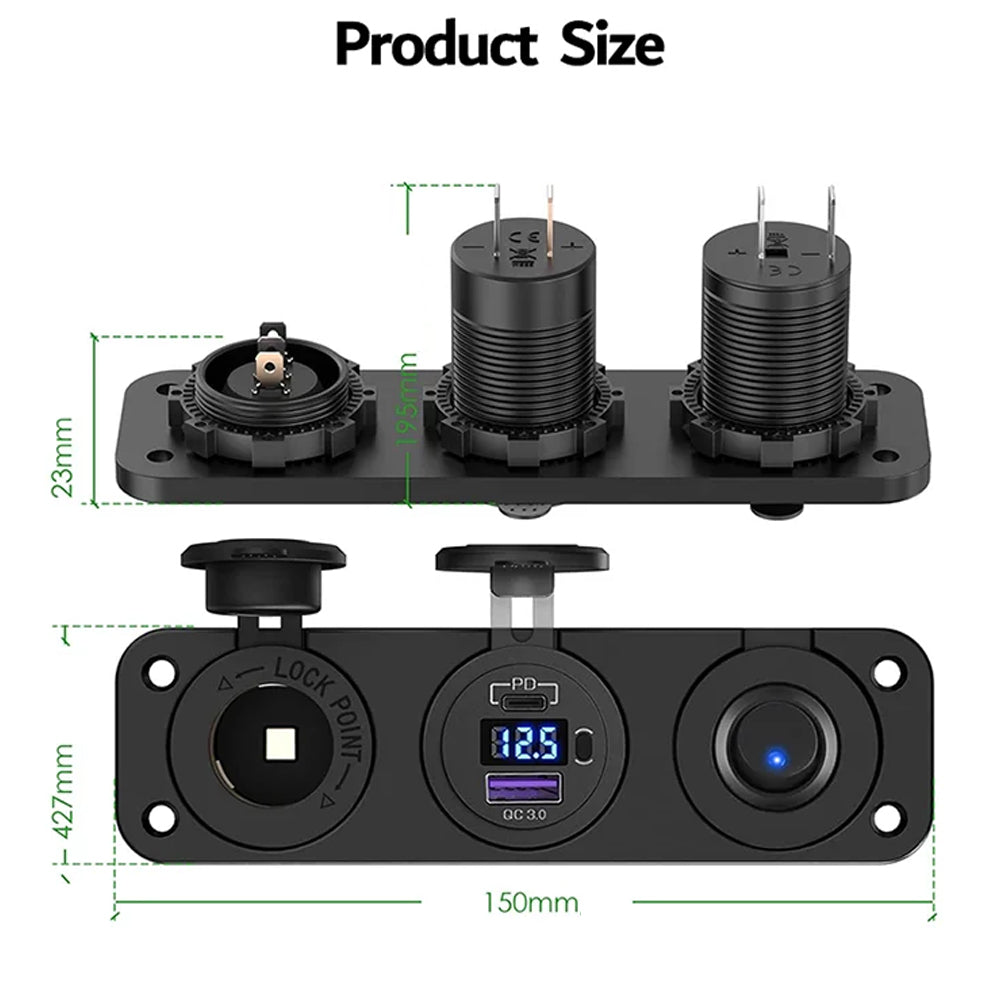4 in1 Green Switch Panel 12V PD USB C QC3.0 USB Charger Voltmeter Power Socket