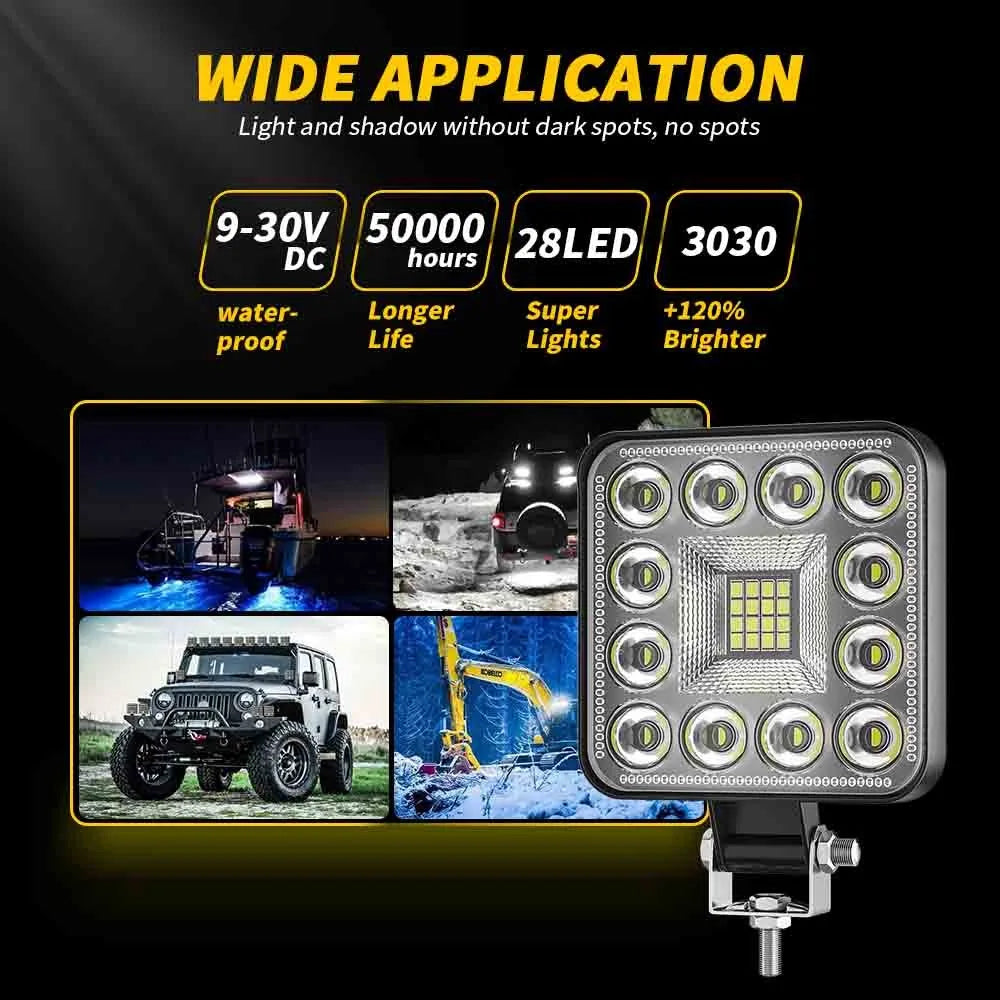 4 x Square LED Work Light 84mm 96W 12-24V 6000K Spot Flood Beam Combo Work Light