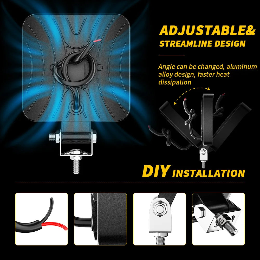 4 x Square LED Work Light 84mm 96W 12-24V 6000K Spot Flood Beam Combo Work Light