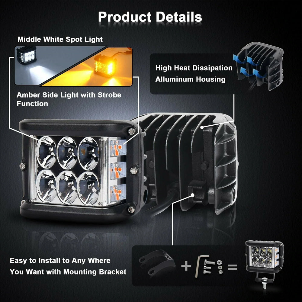 1pc 96x74mm LED Work Light Front White Spot Light & Dual Side Blue Strobe Lamp