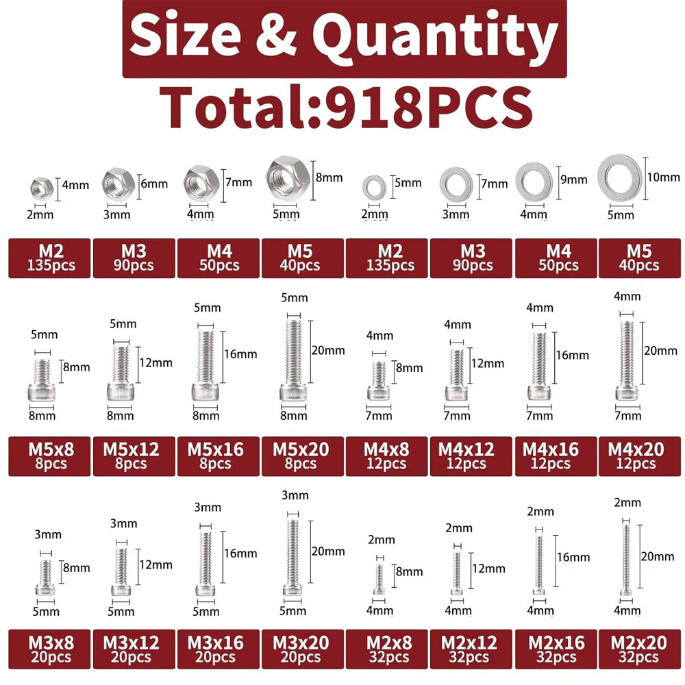 918pcs Hex Bolt Nut Washer Assortment Kit M2 M3 M4 M5 304 Stainless Steel Screw