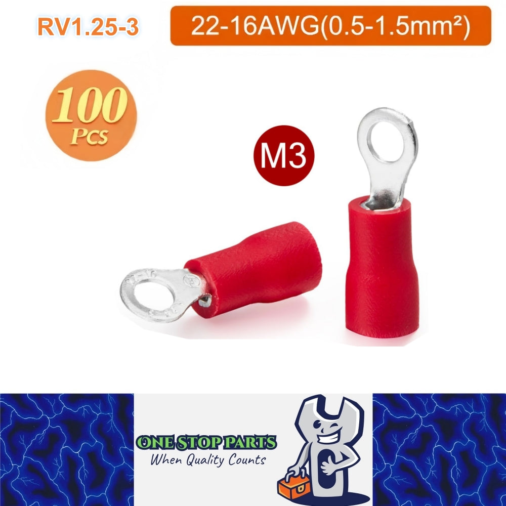 100 x Red Ring Terminals M3 RV1.25-3 Ring Crimp Terminal 22-16AWG Wire Connector