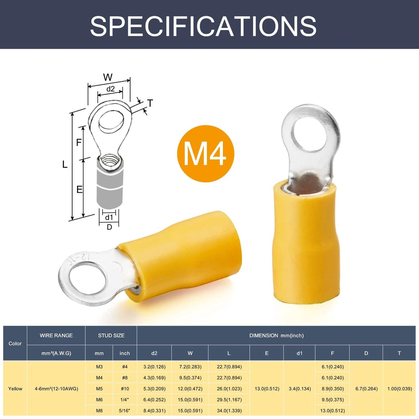 50 x Yellow Ring Terminals M4 RV5-4 Ring Crimp Terminal 12-10AWG Wire Connector
