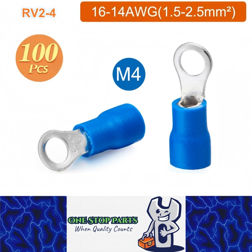 100 x Blue Ring Terminals M4 RV2-4 Ring Crimp Terminals 16-14AWG Wire Connectors