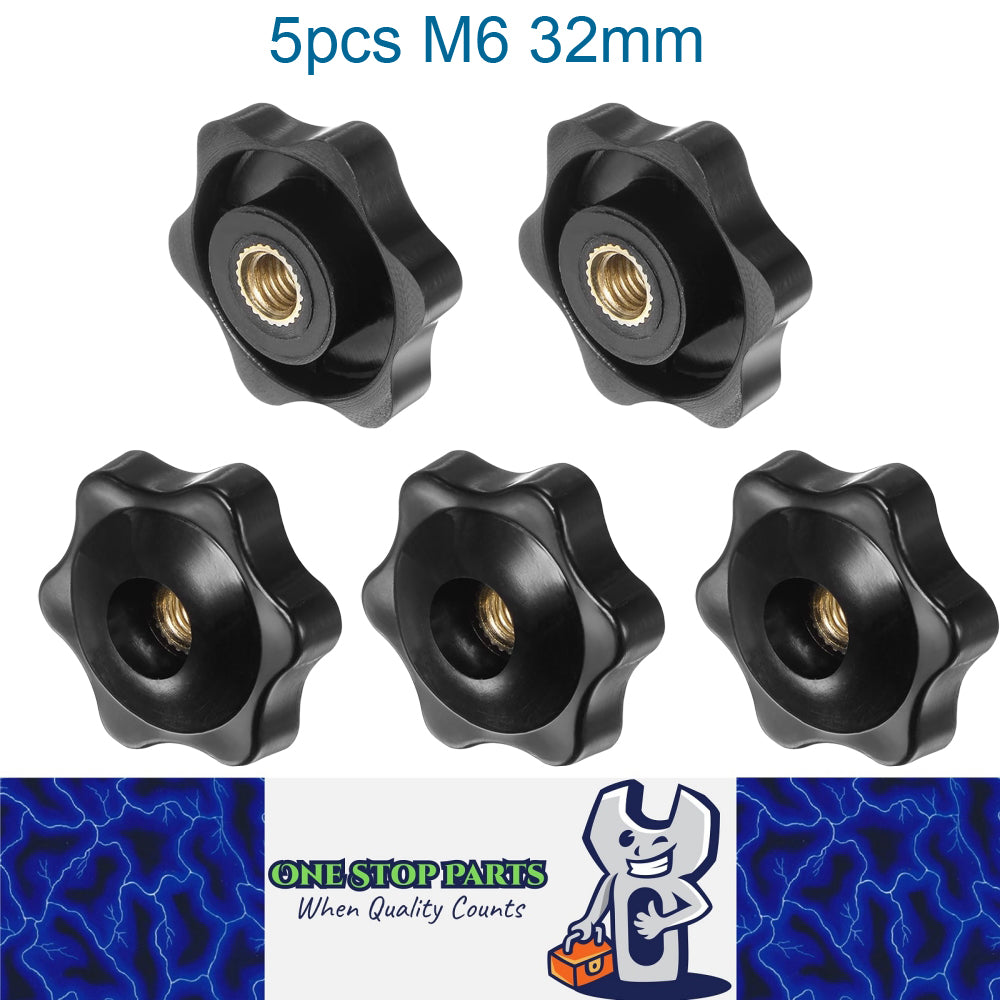 5 x M6 32mm Hand Tighten Nut 6 Petal with Hole Through Easy Tighten and Release