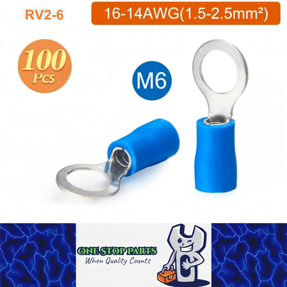 100 x Blue Ring Terminals M6 RV2-6 Ring Crimp Terminals 16-14AWG Wire Connectors