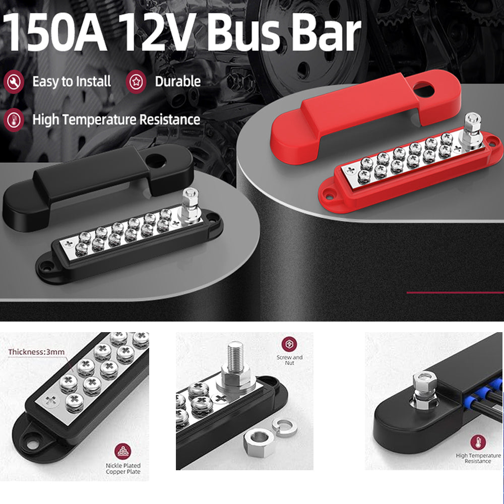 M6 Bus Bar 12V 150A Power Distribution Block with Cover for Marine Automotive