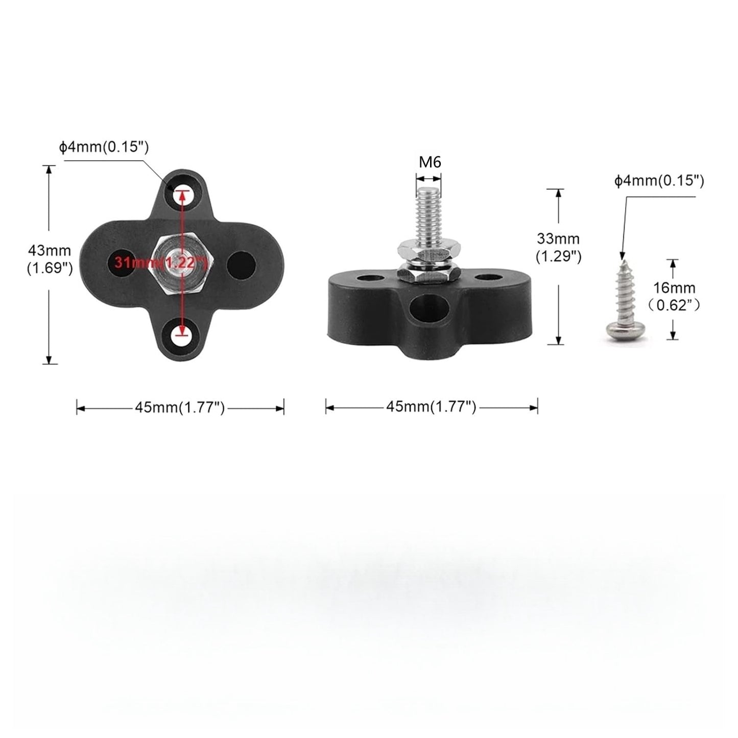 M6 Black Insulated Power Distribution Stud Terminal Block M6 Single Stud