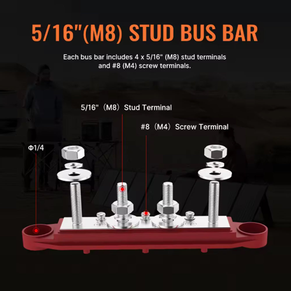 M8 Bus Bar 12V-48V 250A Power Distribution Block 4xM8 Posts Studs 3xM4 Terminals
