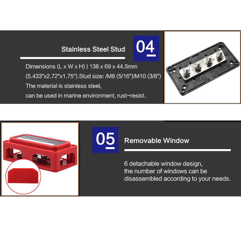 M8 Bus Bar 12-48V 300A Power Distribution Block 4 x M8 Studs Car Marine Terminal