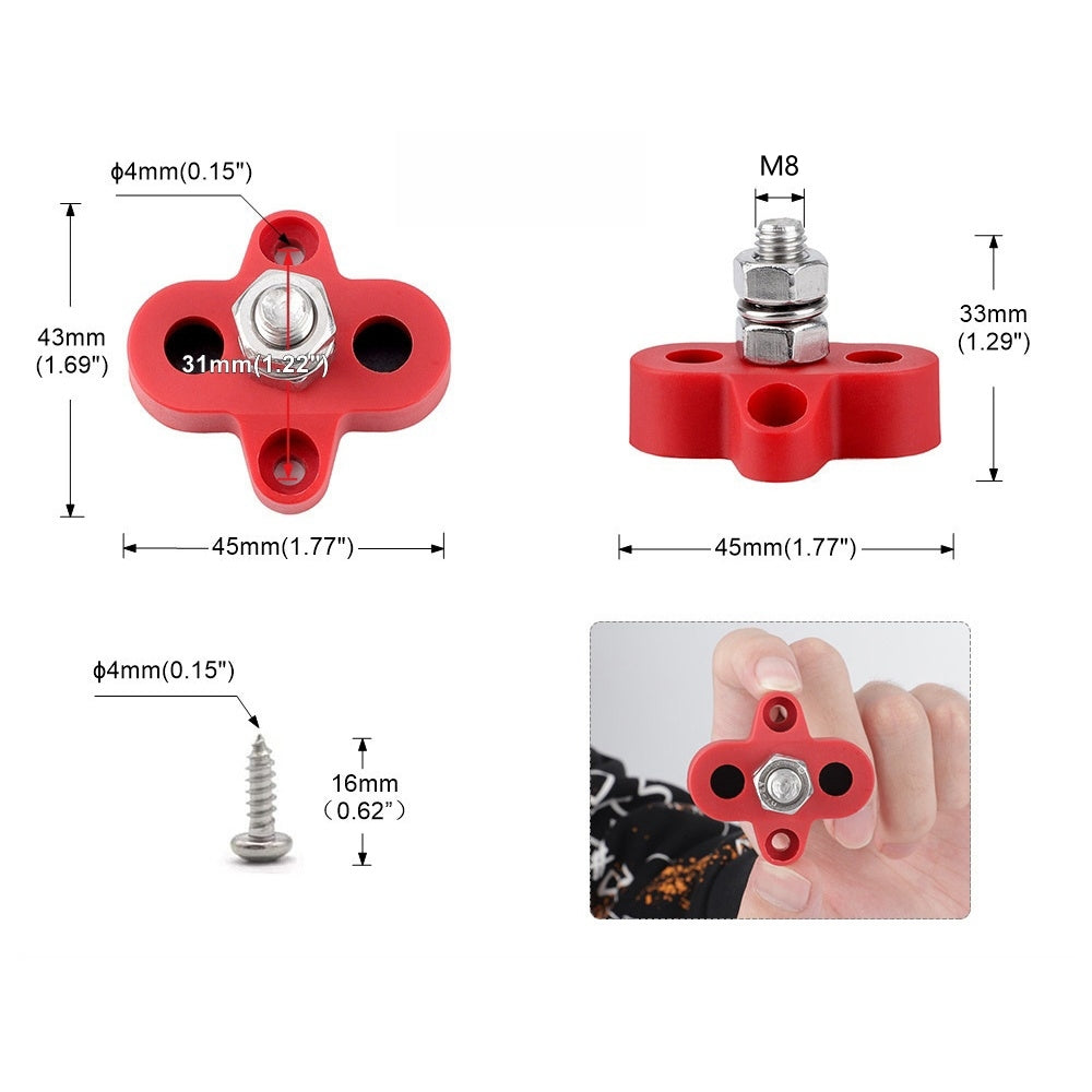 M8 Red Insulated Power Distribution Stud Terminal Block M8 Single Stud