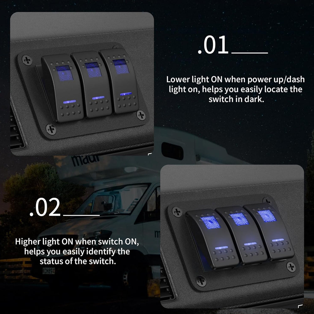 Pre Wired 3 Gang Switch Panel Blue LED Rocker Switch 12V 20A Panel Car Truck Mar