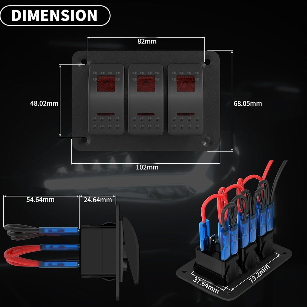 Pre Wired 3 Gang Switch Panel Red LED Rocker Switch 12V 20A Panel Car Truck Mar