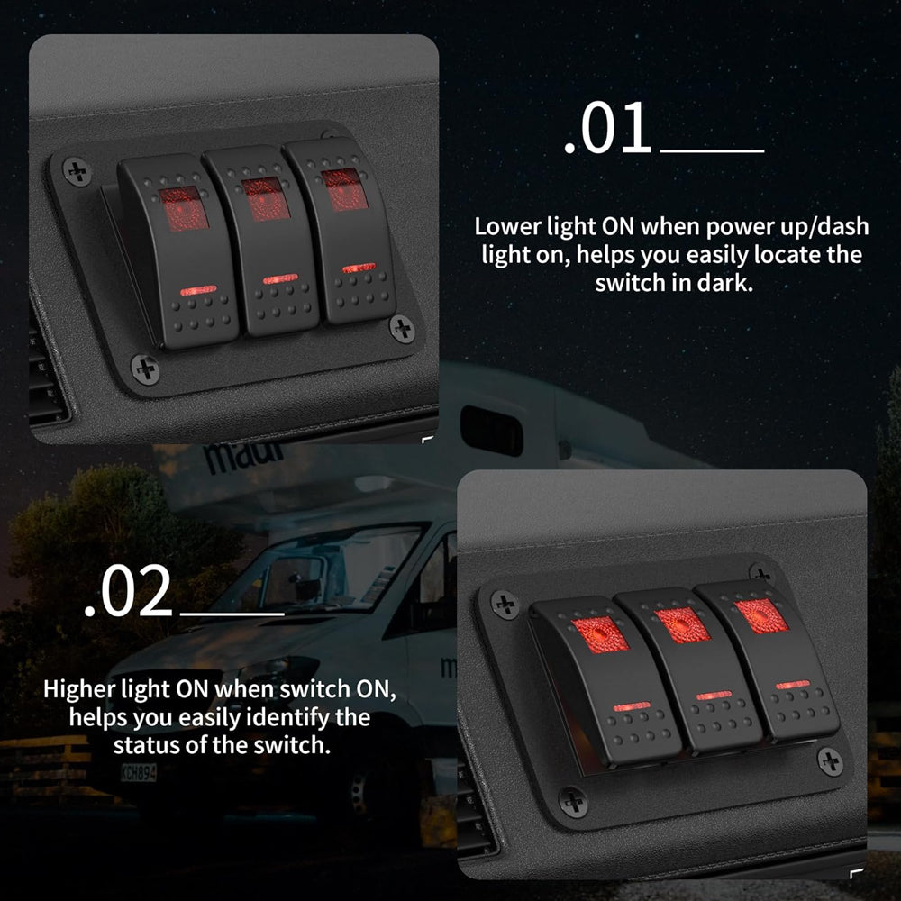 Pre Wired 3 Gang Switch Panel Red LED Rocker Switch 12V 20A Panel Car Truck Mar