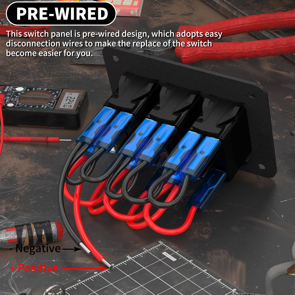 Pre Wired 3 Gang Switch Panel Red LED Rocker Switch 12V 20A Panel Car Truck Mar