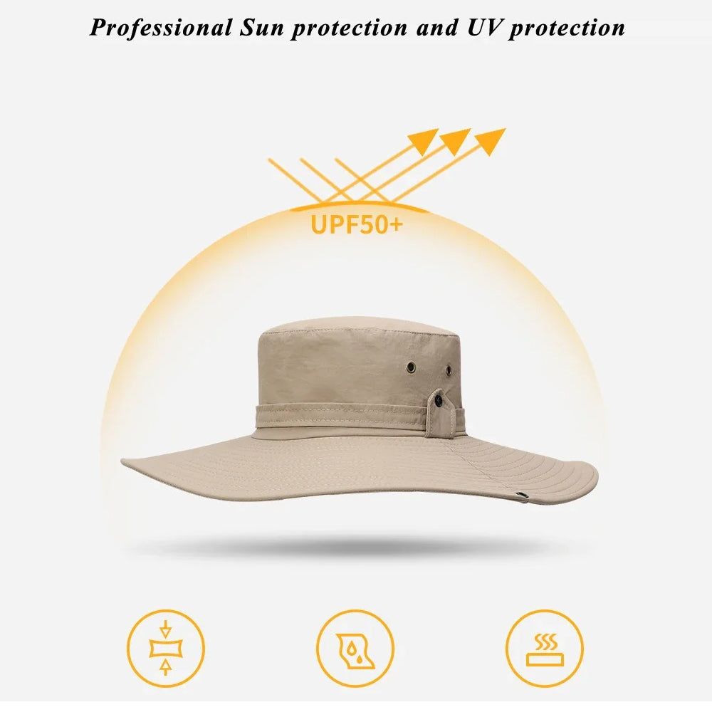 DarkBlue Men Anti-UV Sun Hat Wide Brim Mesh Panama Camping Hiking Fisherman Hat