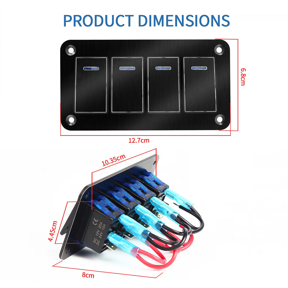 Metal 4 Gang Switch Panel LED Rocker Switch 12-24V Switch Panel Car Truck Marine
