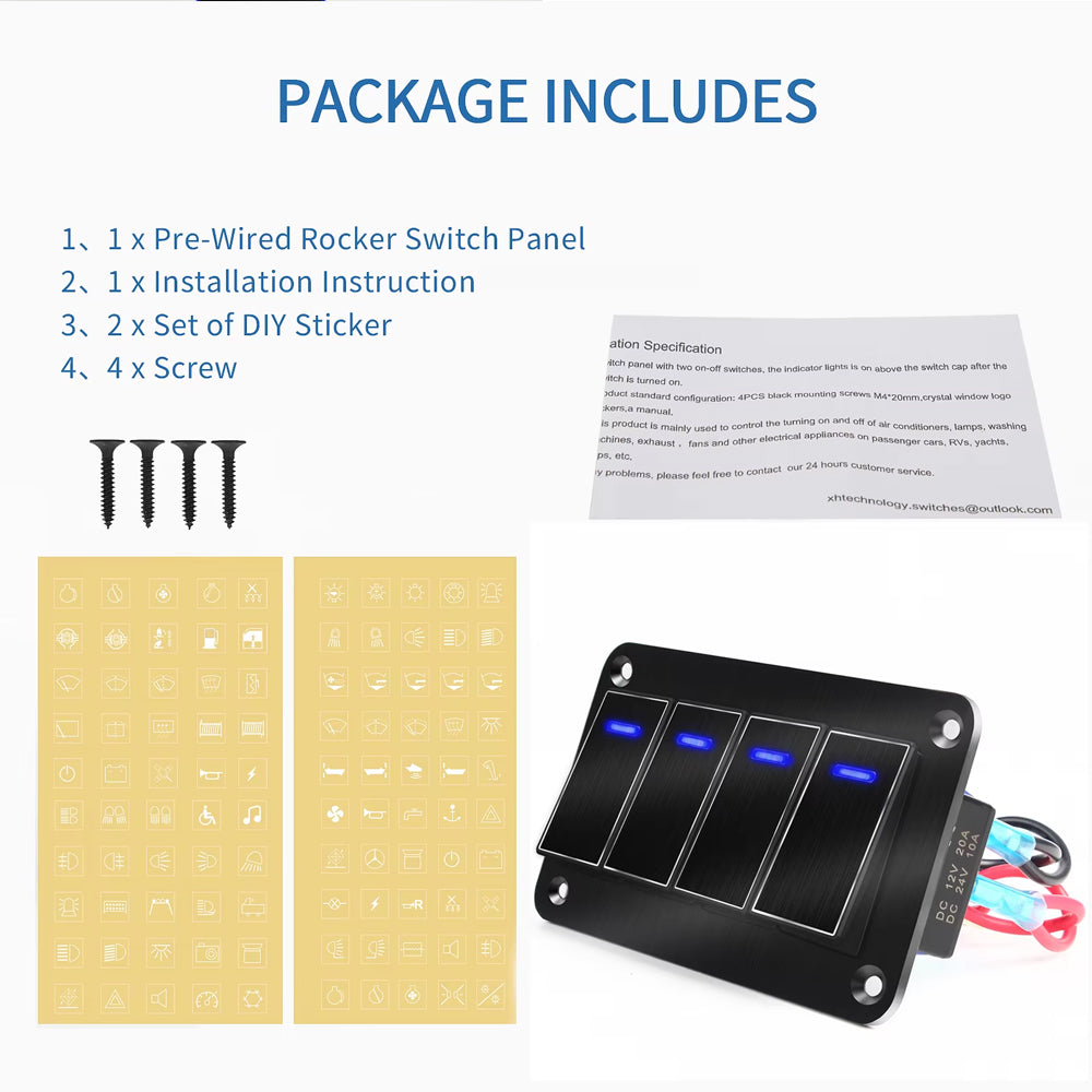 Metal 4 Gang Switch Panel LED Rocker Switch 12-24V Switch Panel Car Truck Marine