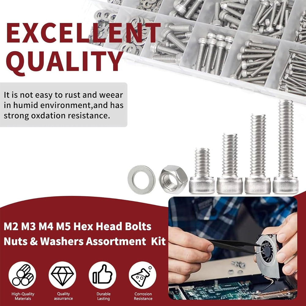 918pcs Hex Bolt Nut Washer Assortment Kit M2 M3 M4 M5 304 Stainless Steel Screw