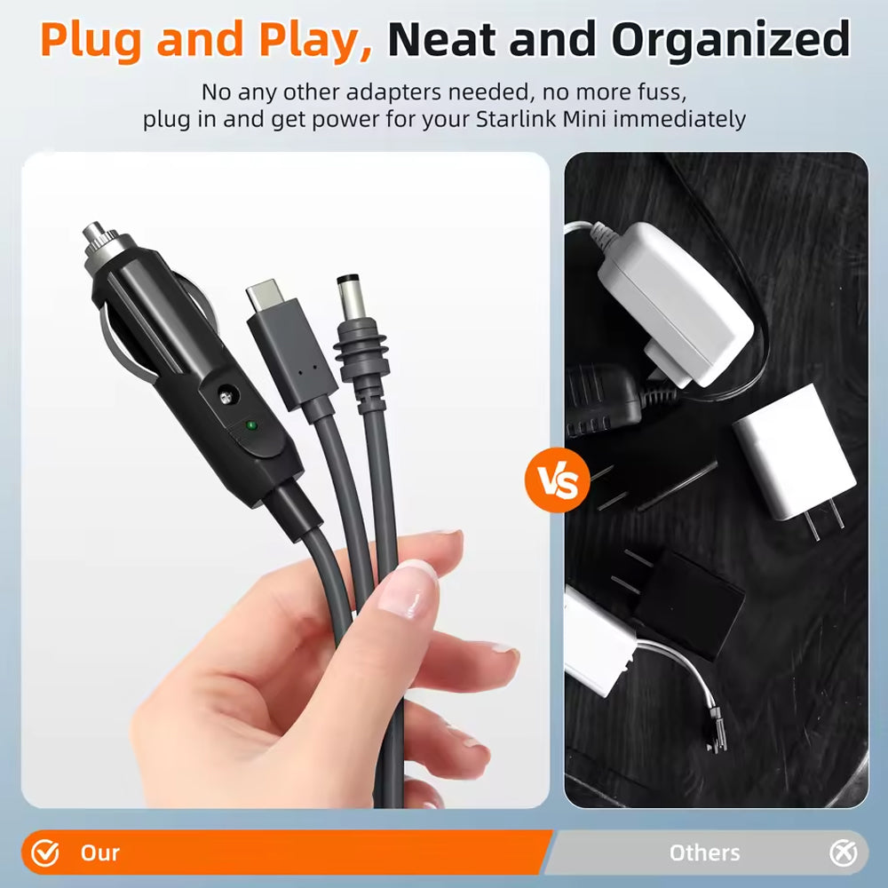 5M Starlink Mini 3-in-1 DC Power Cable to USB C Cigarette Lighter Plug & DC Male
