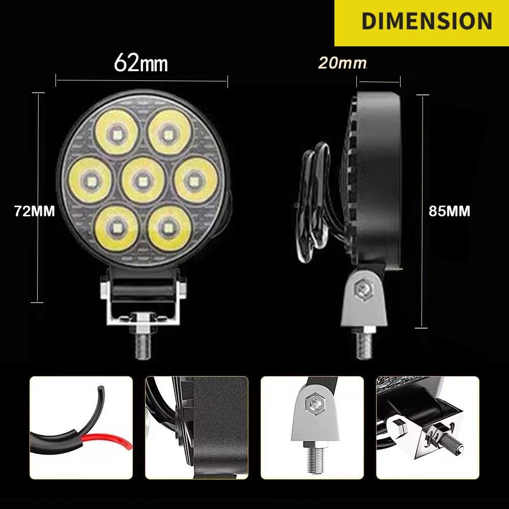 4 x Mini LED Work Lights Round 6.2CM 12V-24V 21W 6000K Spot Beam LED Work Light
