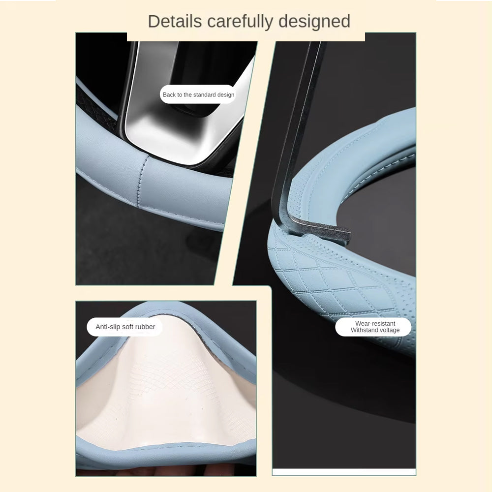 Napa Leather Car Steering Wheel Cover Universal 38cm Non-slip Breathable Beige