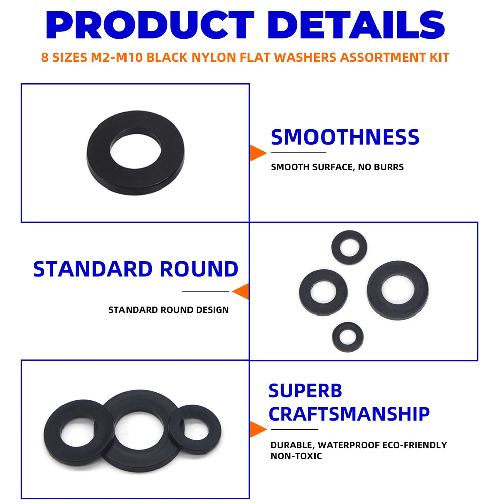 500pcs Nylon Flat Washers Kit 8 Sizes M2/2.5/3/4/5/6/8/10 Sealing Spacer Gasket