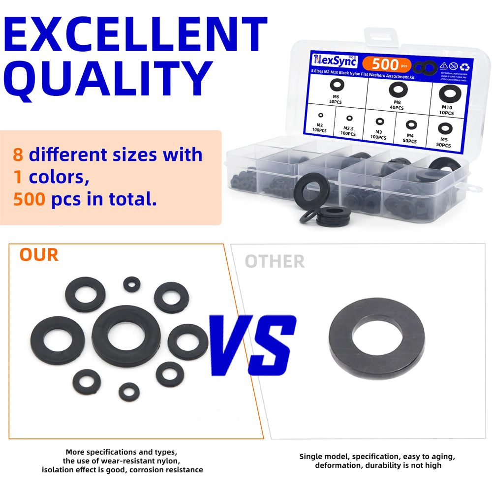 500pcs Nylon Flat Washers Kit 8 Sizes M2/2.5/3/4/5/6/8/10 Sealing Spacer Gasket