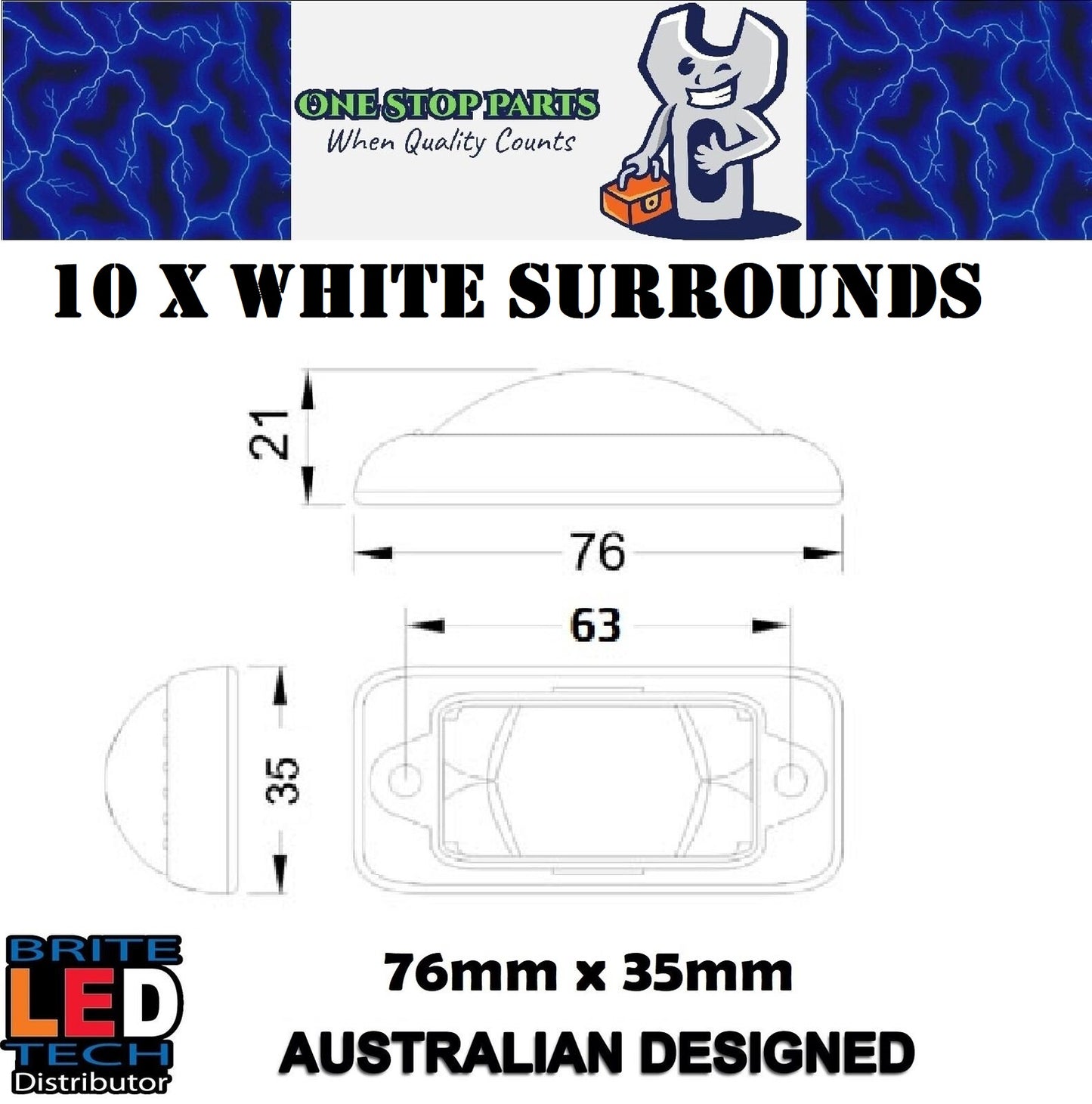 10 x WHITE BRITE LED TECH SMALL MARKER LAMP SURROUNDS 10PC PACK