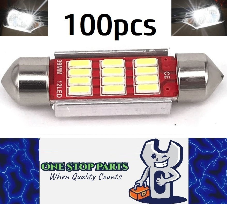 100 x 39mm Cool White Canbus Festoon LED Globes Super Bright Interior (100pcs)