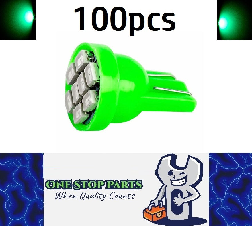 100 x GREEN T10 8SMD 1206 High Brightness LEDs Flat Face 12v (100pcs)