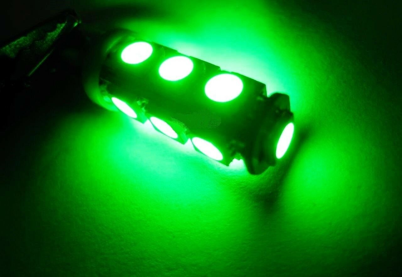 2 x 12v GREEN BA9S 13 SMD 5050 360 DEGREE LIGHT 160LM 38MM X 12MM BA9S LED