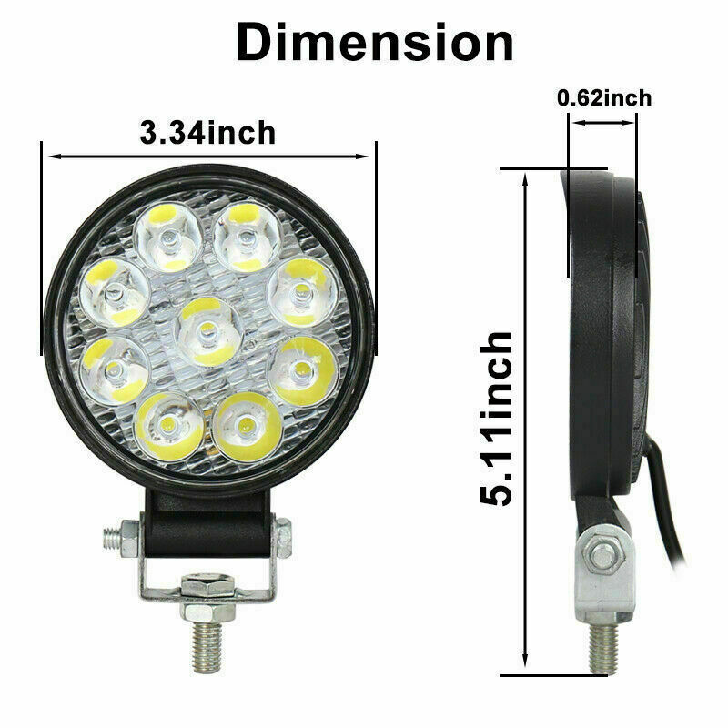 12v-24v Round 85mm 27W LED WORKLIGHT COOL WHITE 6000K FLOOD BEAM W/LIGHT