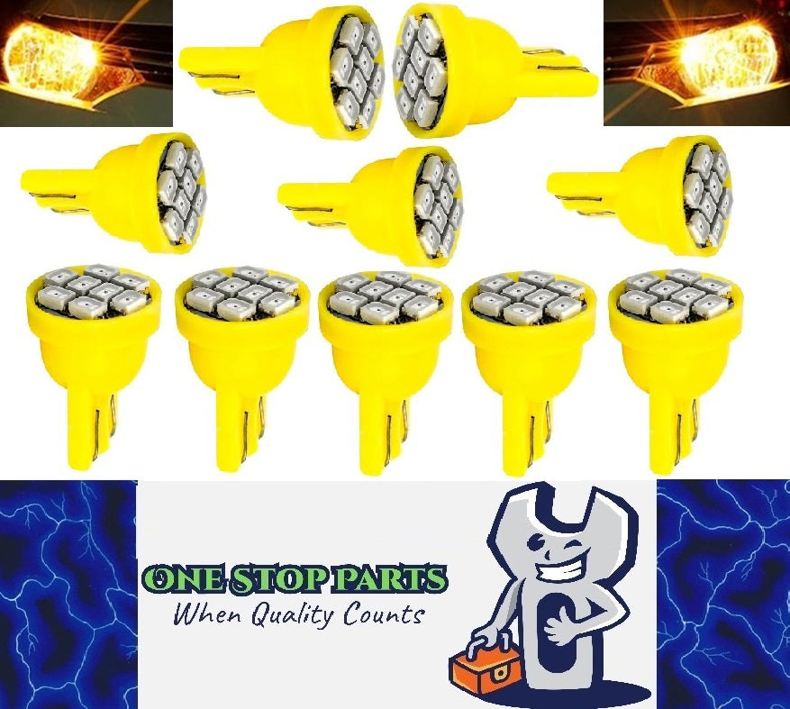 10 x YELLOW T10 8SMD 1206 High Brightness LEDs Flat Face 12v (10pcs)