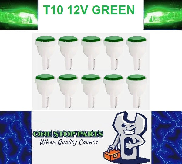 10 x T10 Green 12v LED Cob Flat Face Super Bright for Dash Cluster (10pcs)