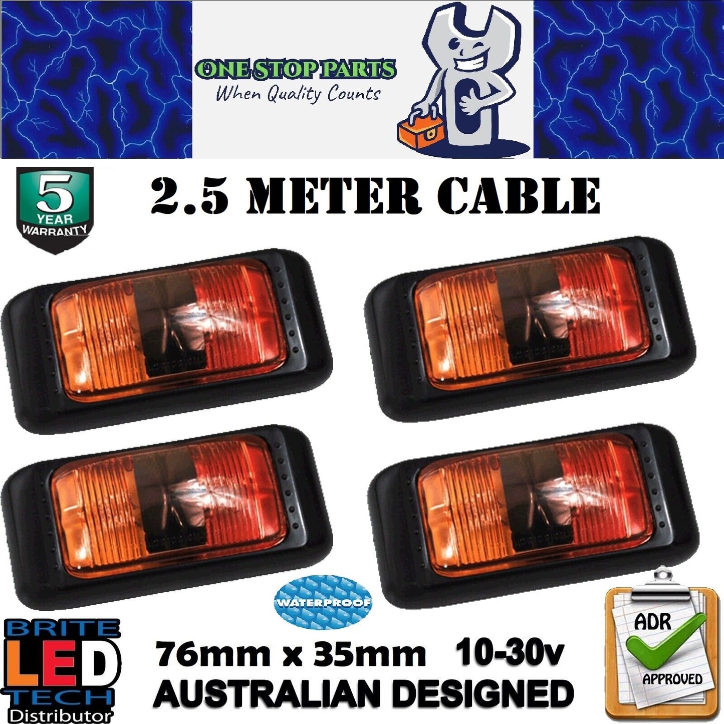 4 x LED CLEARANCE LIGHTS SIDE MARKER LAMP RED AMBER WITH LONG 2.5 METER CABLE