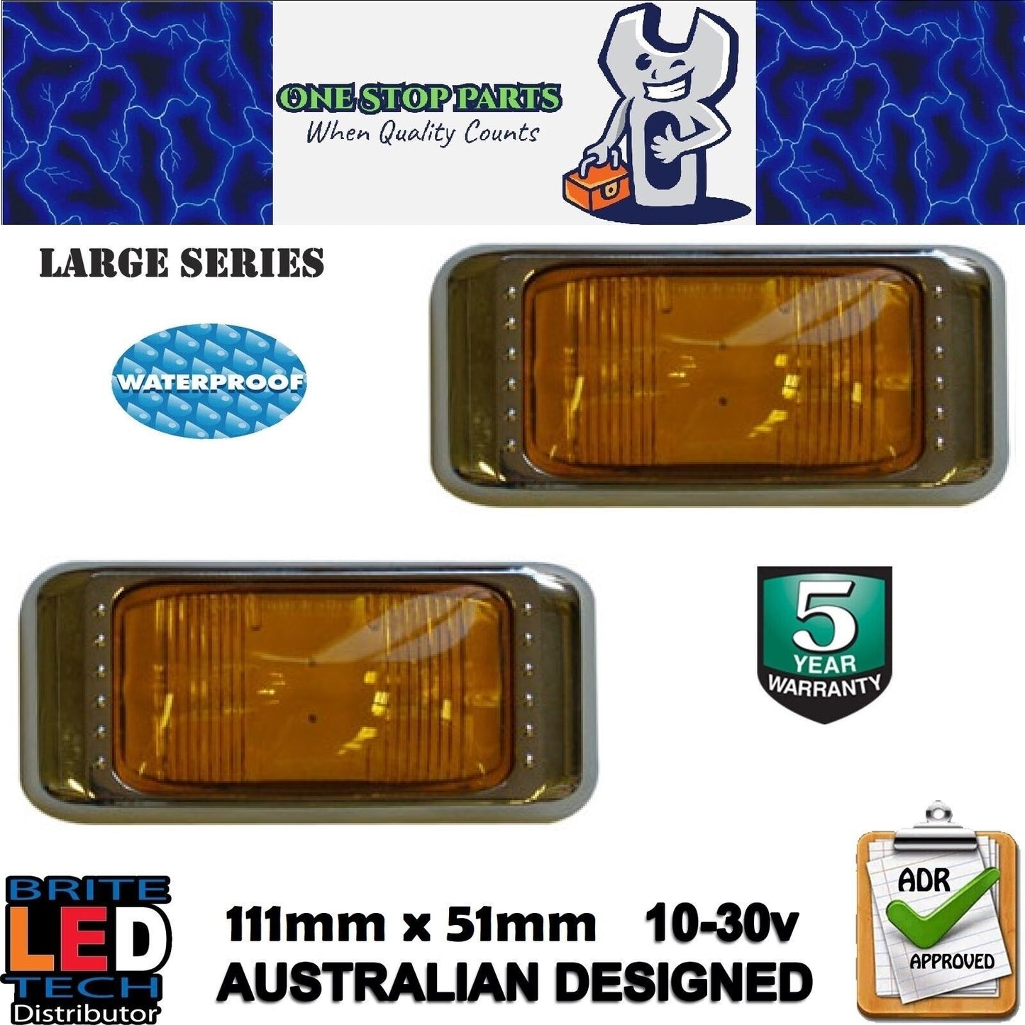 2 LED LARGE AMBER SIDE MARKER LIGHTS WITH CHROME BODY SURROUNDS (2PCS)