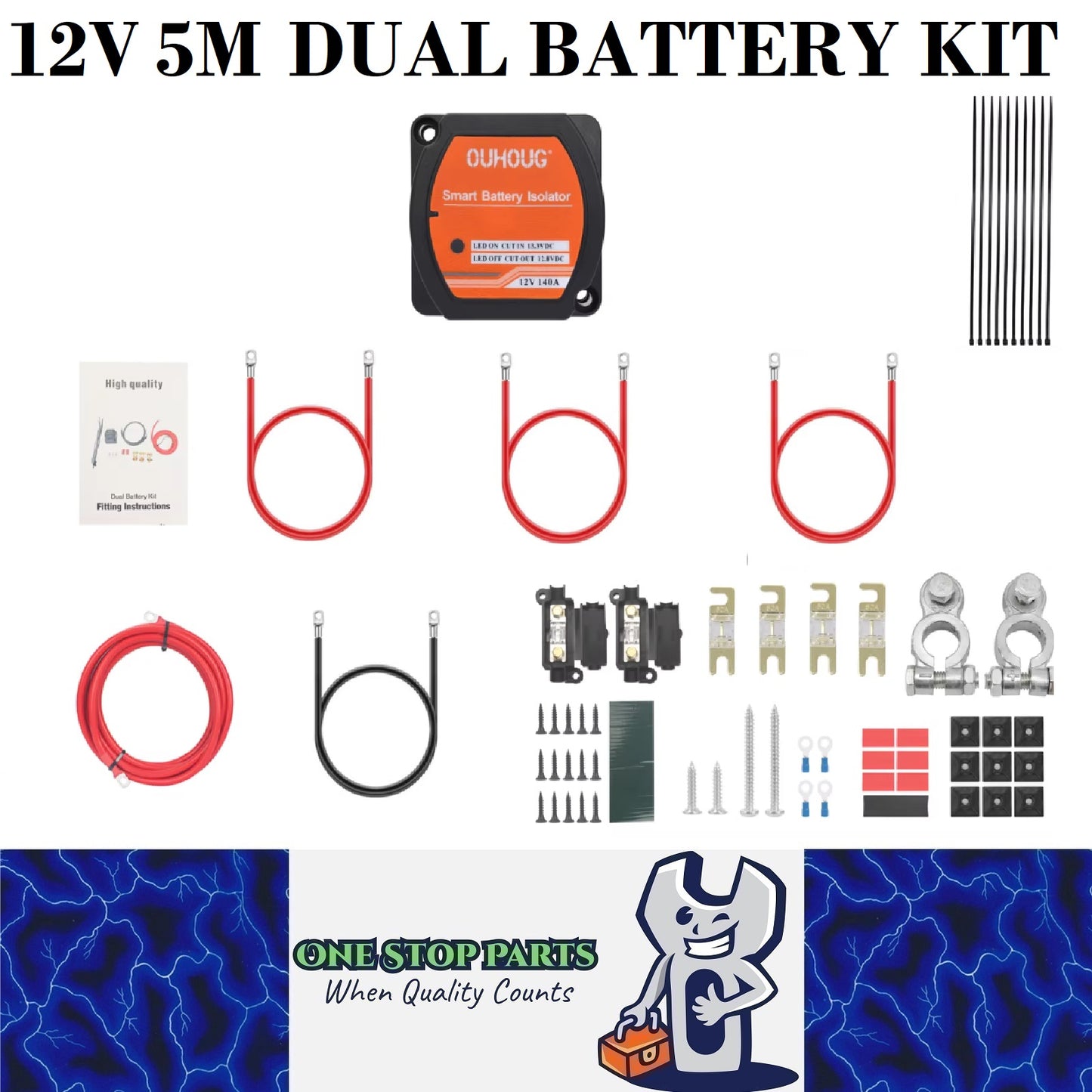 12v Dual Battery Kit Voltage Sense Relay Isolator, Fuses, Terminals (5 Meter)