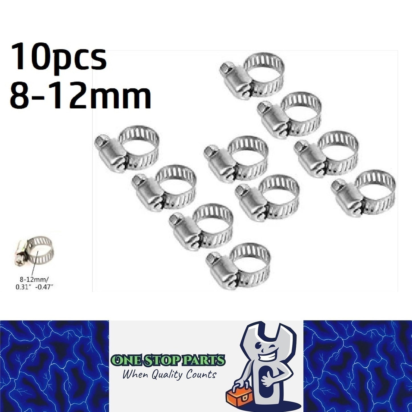 10 x 8-12mm Strong Stainless Steel Hose Clamps 10mm wide x 0.3mm Thick (10pcs)