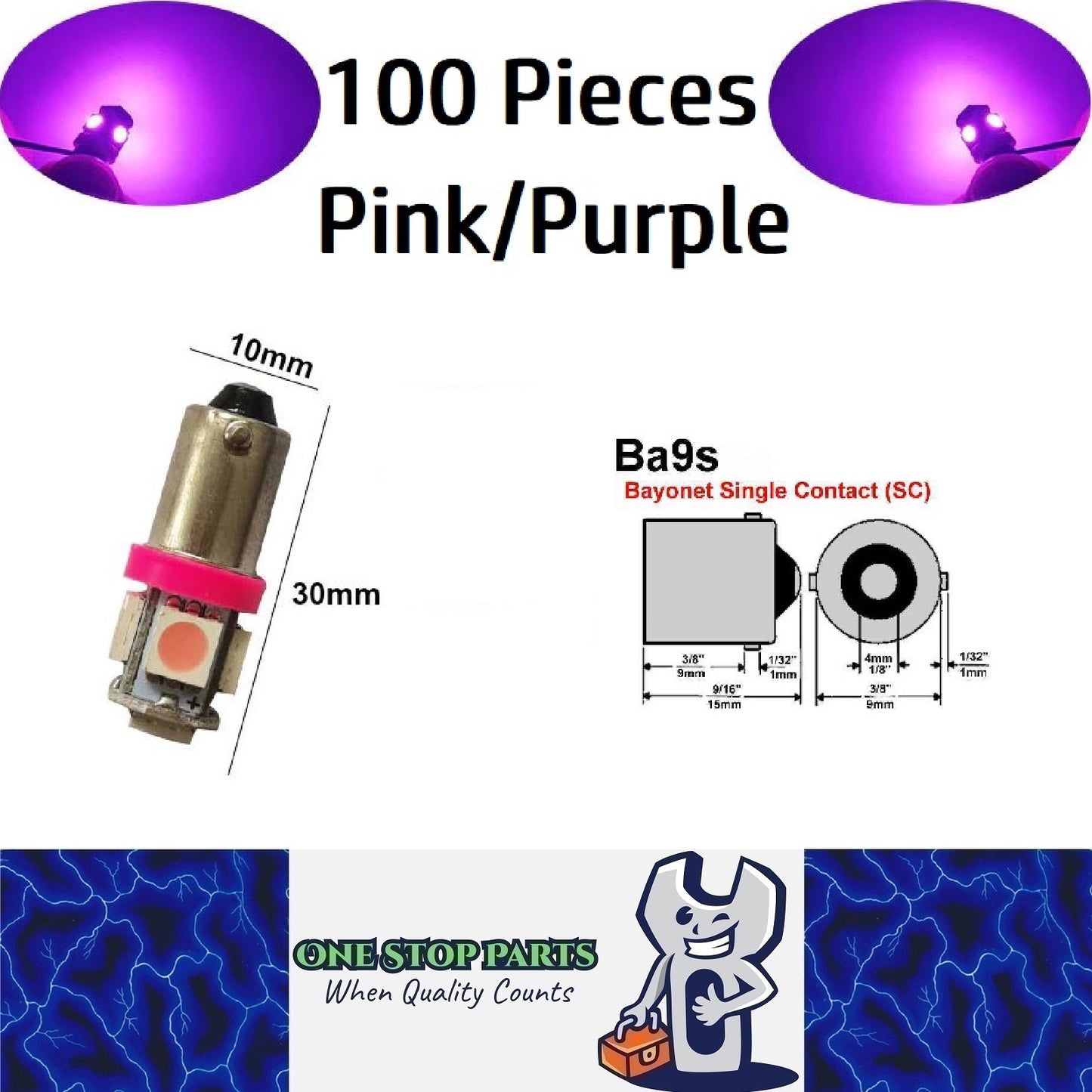 100 x Pink / Purple 12v BA9S 5x5050smd 150lm Pink / Purple Bulk Buy (100pcs)
