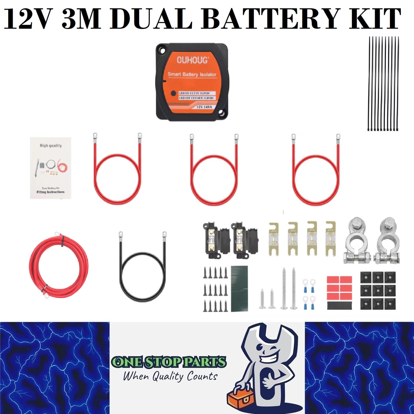 12v Dual Battery Kit Voltage Sense Relay Isolator, Fuses, Terminals (3 Meter)