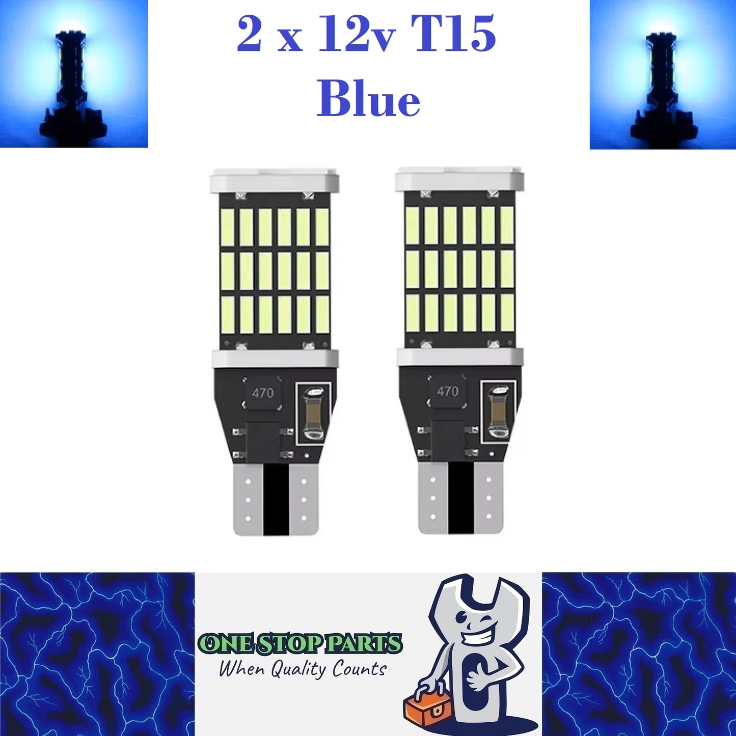 2 x T15 Blue LED 45x4014smd 1000lm 12v Non Polarity Canbus Suitable LED (2pcs)