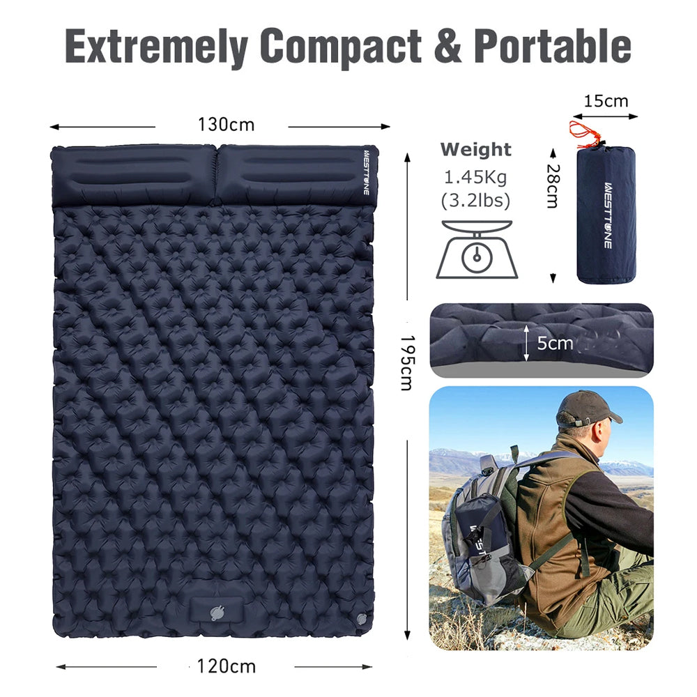 Khaki Outdoor DoubIe Inflatable Mattress with Pillow Sleeping Pad Camping Mat