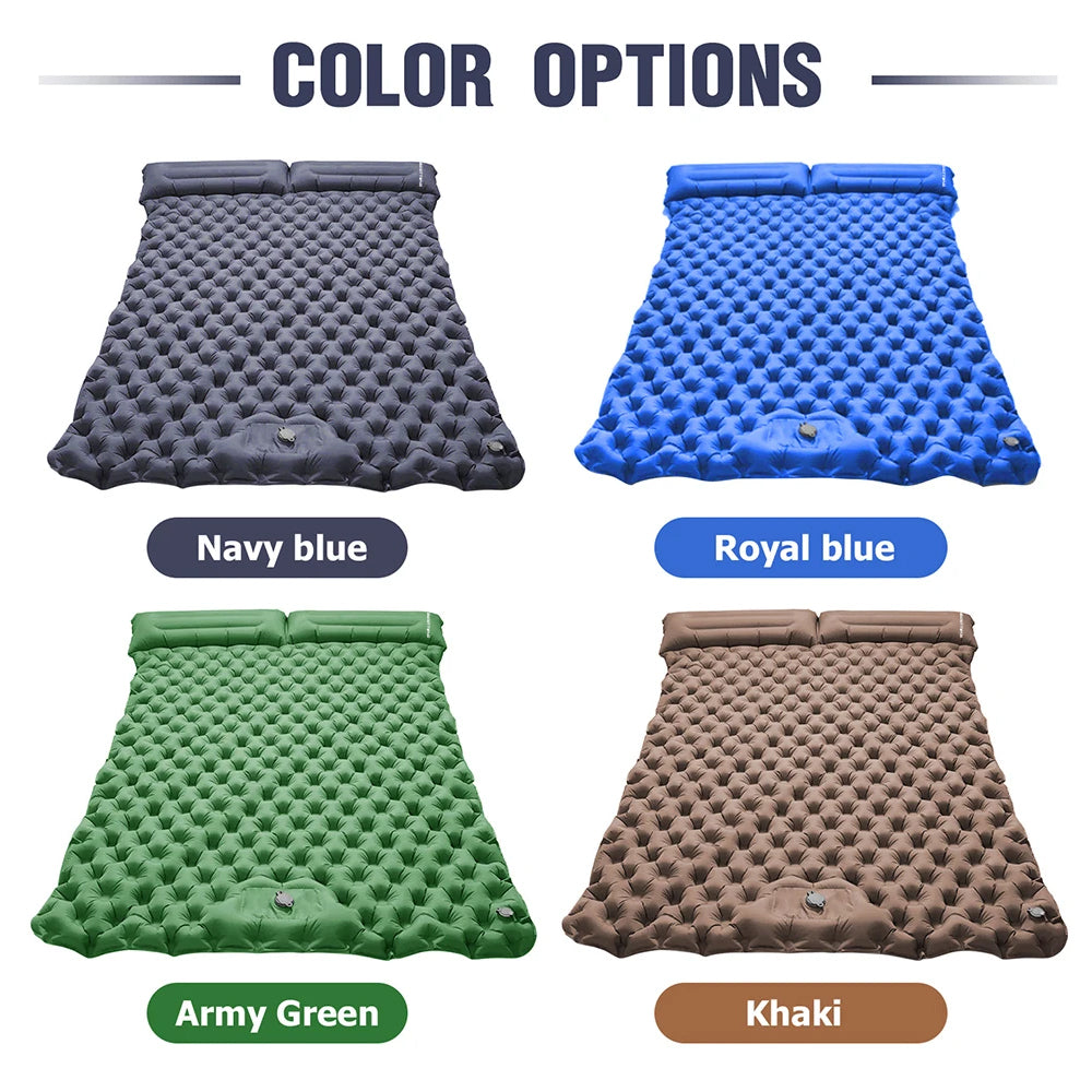 Khaki Outdoor DoubIe Inflatable Mattress with Pillow Sleeping Pad Camping Mat