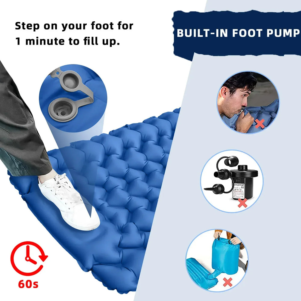 Blue 180x58cm Outdoor Sleeping Pad Inflatable Mattress with Pillow Camping Mat