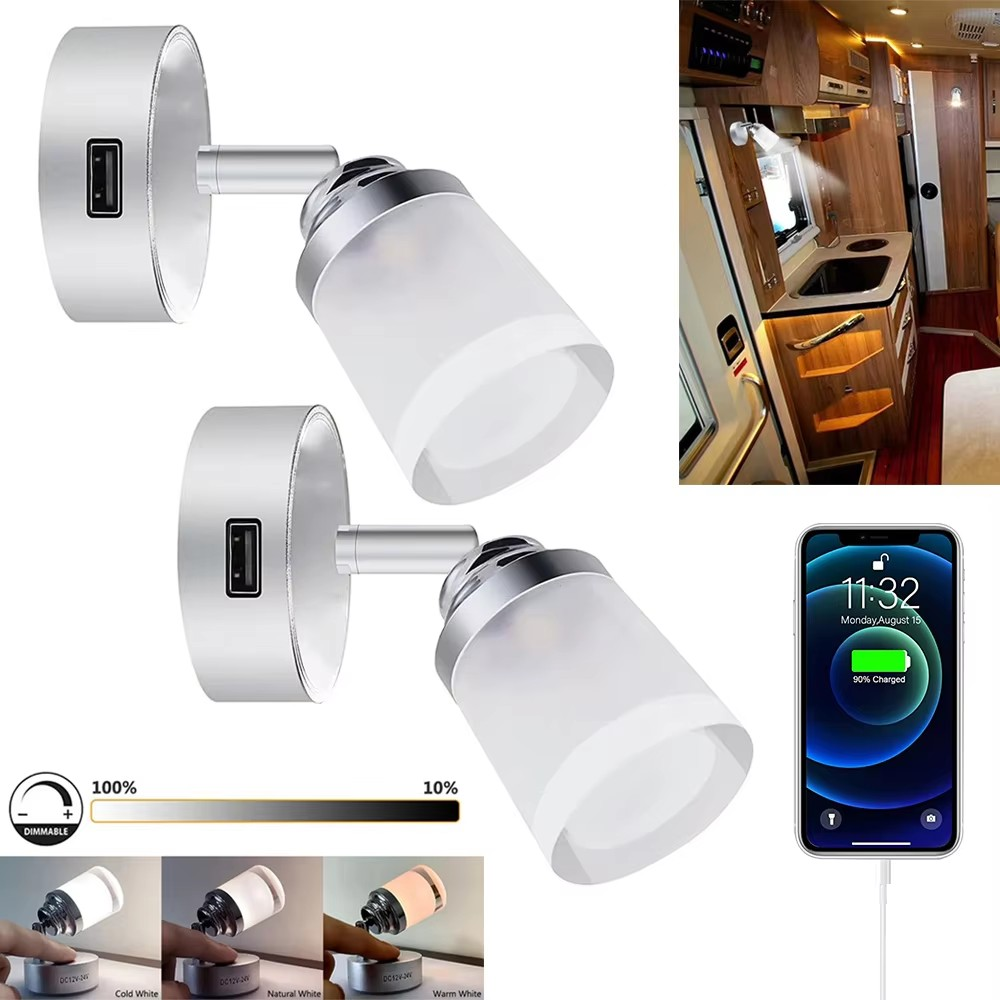 12v-24v Bedside Reading Light USB 3 Mode Touch Switch Cool, Warm,Natural White