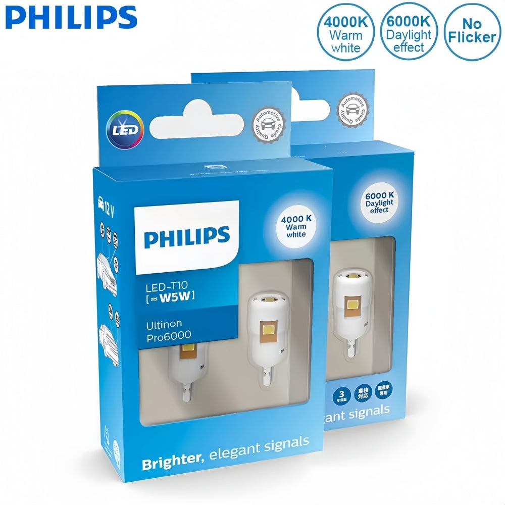 2 x Philips T10 W5W LED Globes 12V 4000K Warm White Bright Philips T10 LED Globe