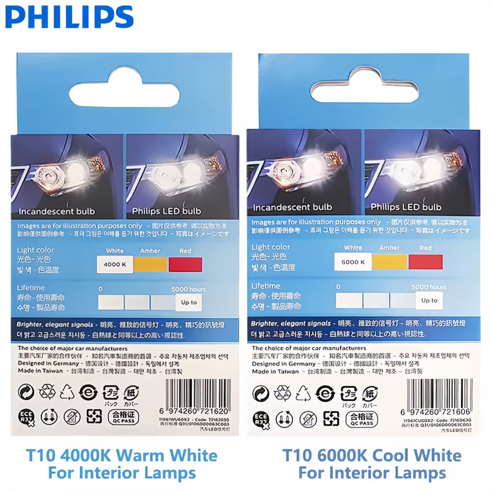 2 x Philips T10 W5W LED Globes 12V 4000K Warm White Bright Philips T10 LED Globe
