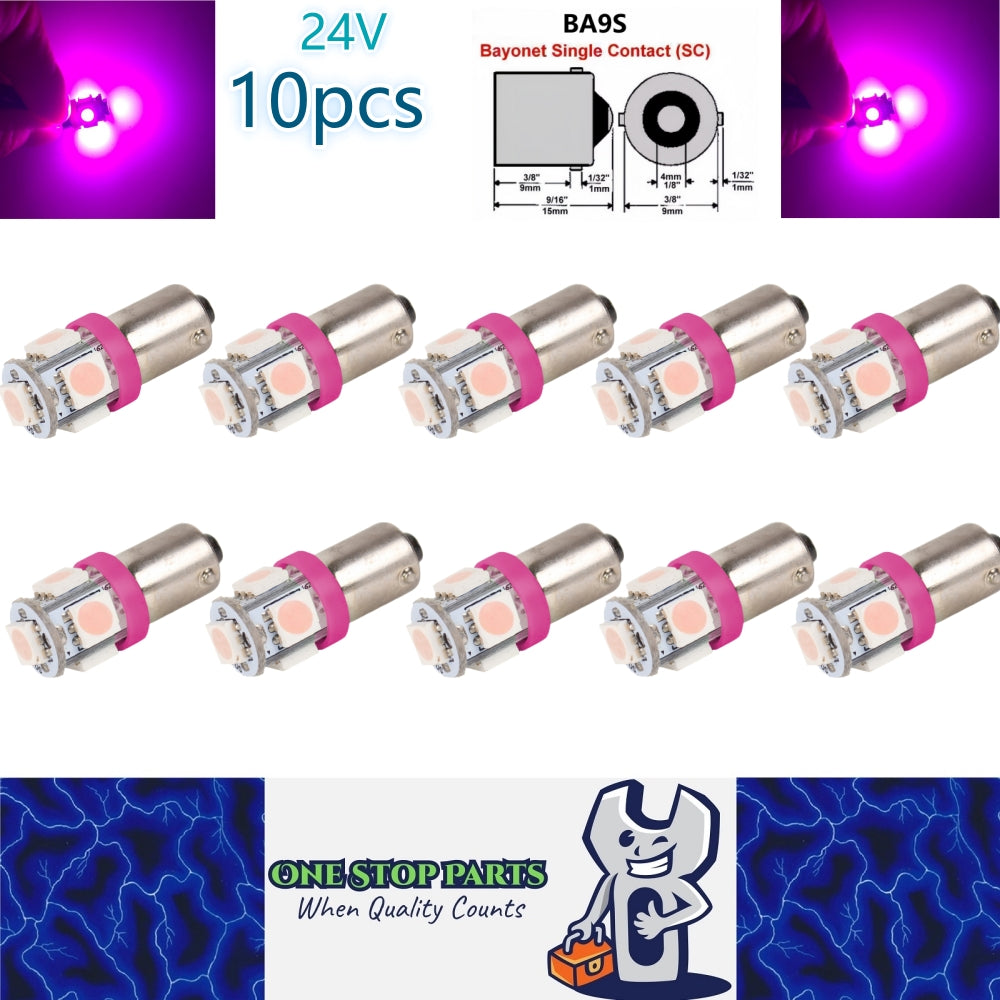 10 x BA9S PINK/PURPLE 24V 5SMD 360 DEGREE LIGHT 88LM FOR PARKERS OR DASH 10pcs