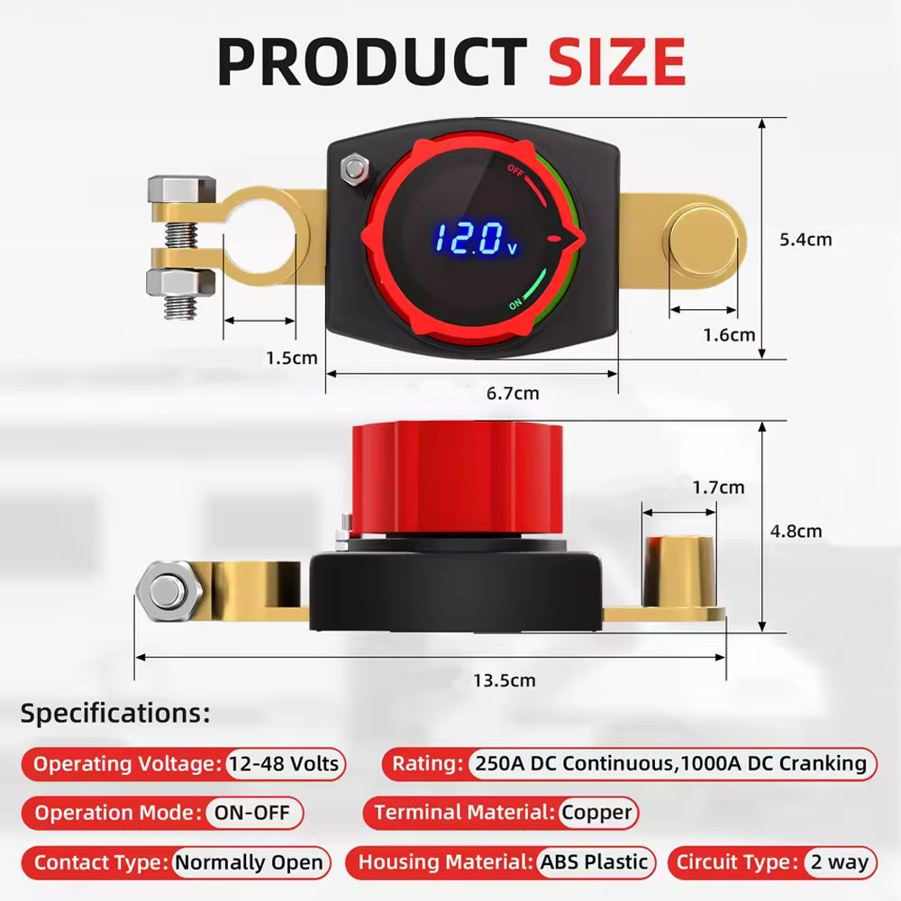 250A Top Post Battery Disconnect Switch 12-48V with LED Voltmeter Cut Off Switch